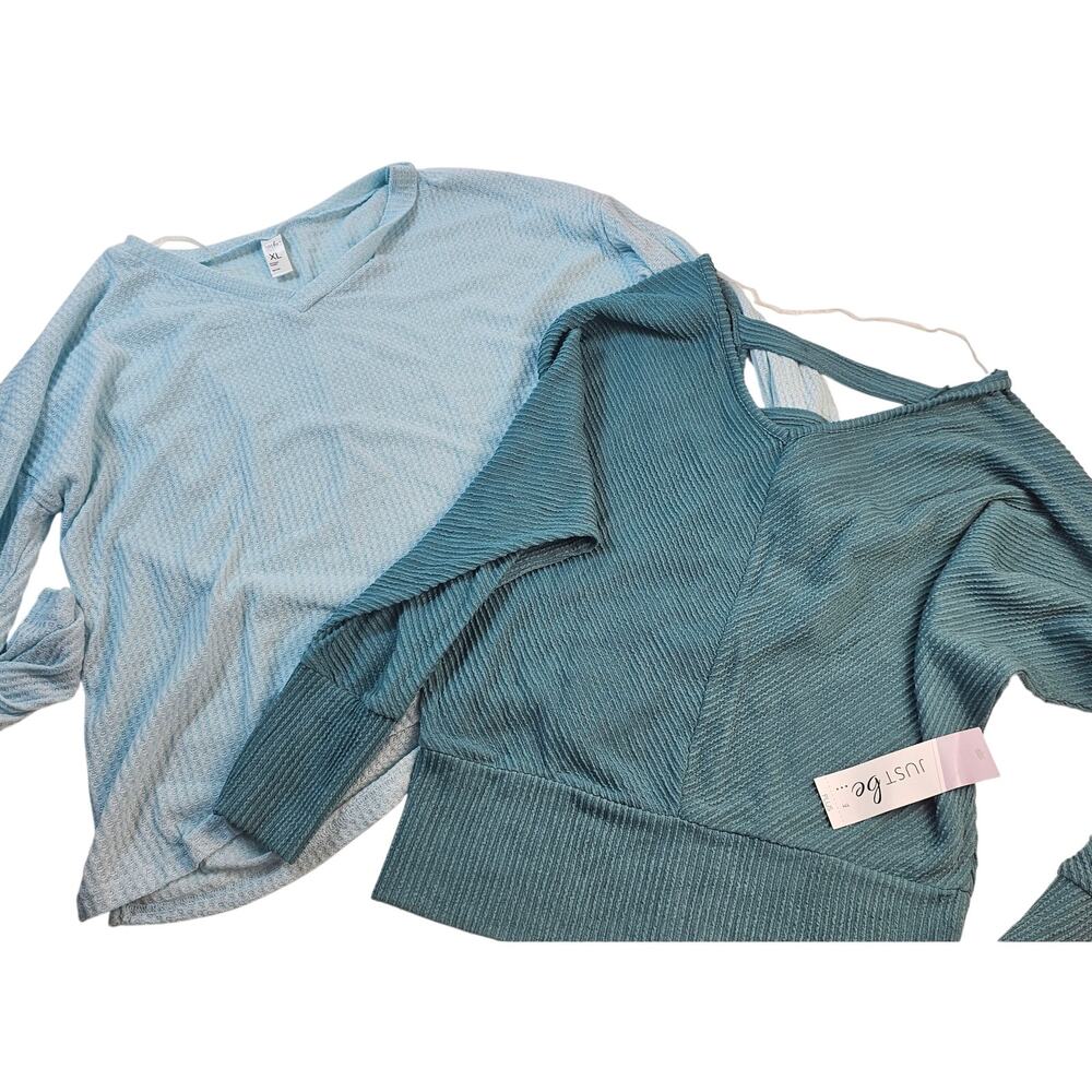Lot of 2 1X XL guaze thermal knit super stretch sweaters blue teal casual comfy
